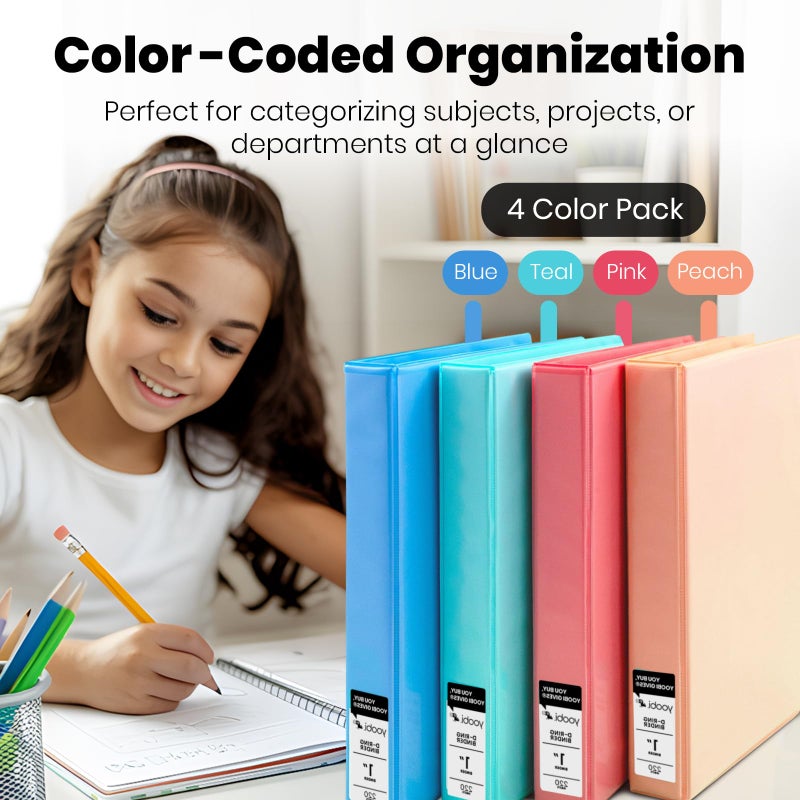 Yoobi 1 Inch Binder Set, 3 Ring Binders with Plastic Cover, 2 Pocket Sleeves and D Rings, Organizer for up to 220 Sheets of Loose Paper, 4 Pack Cute Binders, Multicolor, Office or School Supplies - Image 3